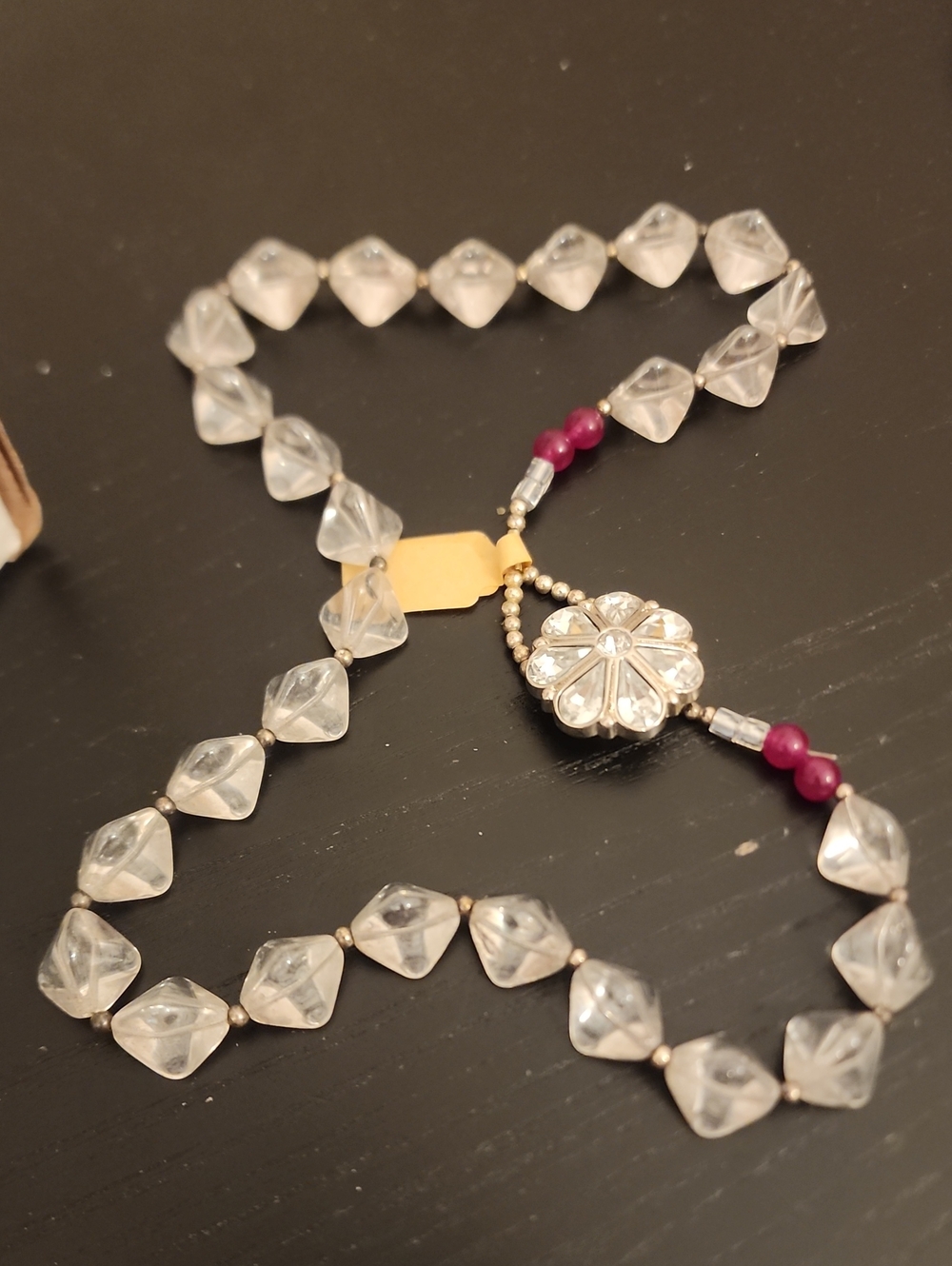 Vintage-Inspired Clear Bead Necklace with Pink Accent by